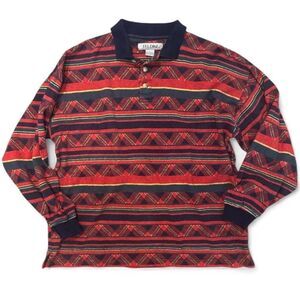 Vintage 90s Feldini Polo Shirt Red Navy Geometric Stripe Knit Rugby Mens Large